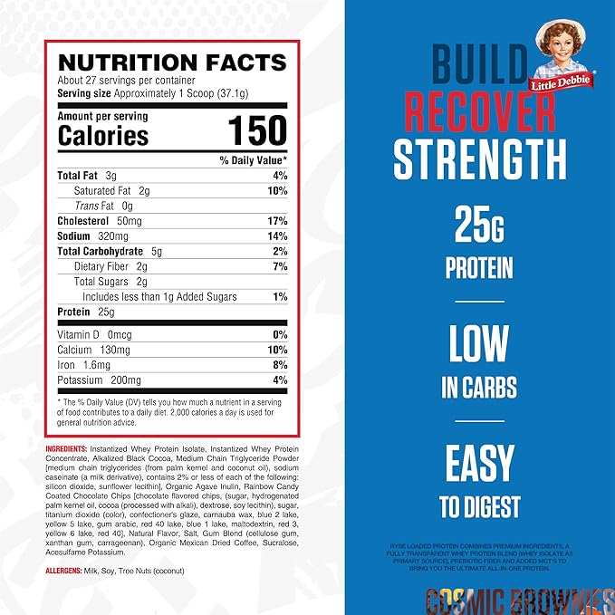 RYSE Loaded Protein Powder - Little Debbie Cosmic Brownie - 25g Whey Protein Isolate & Concentrate with Prebiotic Fiber & MCTs - Low Carb, Low Sugar, Digestive-Friendly - 20 Servings / 1.5 lb Tub