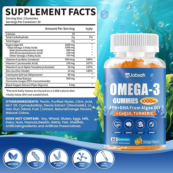 Vegan Omega-3 Gummies 1000mg from Algae Oil (DHA 460mg & EPA 230mg), Omega 3 Fish Oil Alternative for Adults, Plus Turmeric & CoQ10 for Brain, Eye & Immune Health, No Fishy Taste, Sugar Free, 60 Cts