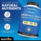 Nutrivein Premium Berberine 1200 mg with Ceylon Cinnamon - 120 Capsules: High-Absorption Berberine Supplement for Defenses, Digestion, & Metabolism