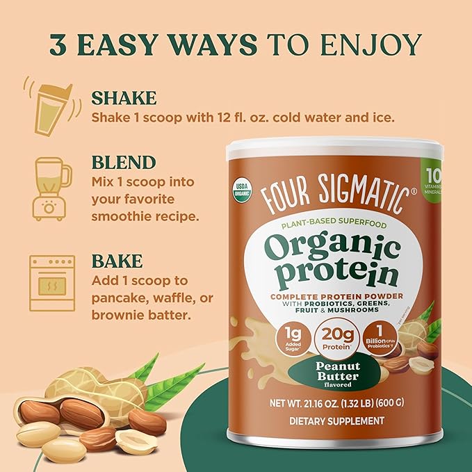 Four Sigmatic Organic Plant-Based Protein Powder | Clean Vegan Protein Elevated with Lion’s Mane, Chaga, Cordyceps and More for Brain Function and Immune Support | Peanut Butter, 21.16 oz