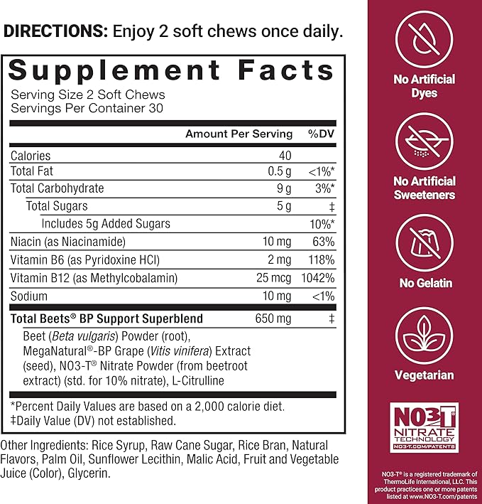 Force Factor Total Beets Blood Pressure Support Supplements with Beet Powder, Great-Tasting Beets Chewables for Heart-Healthy Energy, and Increased Nitric Oxide, 60 Chews