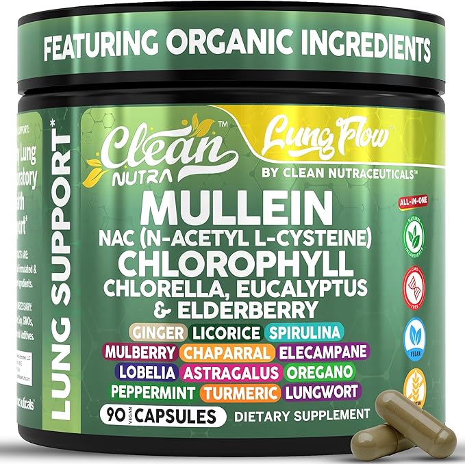 Clean Nutra Mullein Leaf Extract for Lungs Cleanse NAC Supplement Chlorophyll Chlorella Elderberry | Lung Detox for Smokers | Ginger Licorice Astragalus Oregano Turmeric Respiratory Support Capsules