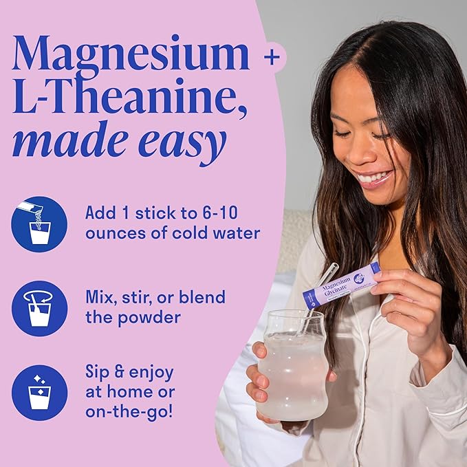 Magnesium Glycinate Powder + L-Theanine | 300 mg High Absorption Chelated Magnesium Powder for Sleep - Mixed Berry Flavor, No Sugar, Support Restful Sleep & Relaxation