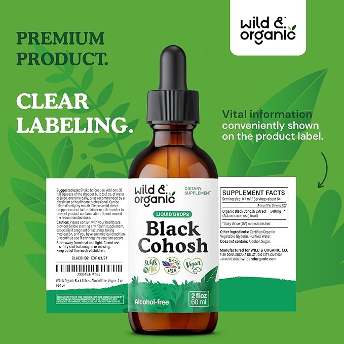 Wild & Organic Black Cohosh Supplements Women - Menopause & Perimenopause Support - 540 mg Natural Black Cohosh Tincture - Add to Tea Liquid Drops - 2-Month Supply - Vegan, Sugar & Alcohol-Free - 2 oz