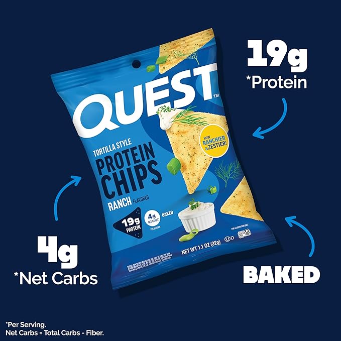 Quest Nutrition Ranch Tortilla Style Protein Chips, 19g Protein, 4g Net Carb, High Protein, Low Carb, Gluten Free, 1.1 Ounce (Pack of 4)
