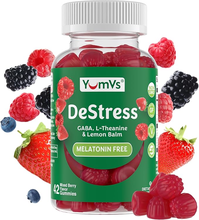 YumV's De-Stress Gummies with GABA, L-Theanine and Lemon Balm - Mixed Berry Flavor - Calming Gummies for Adults and Teens - Gluten Free Non-GMO Vegetarian Mood Support Relax Supplement (42 Count)