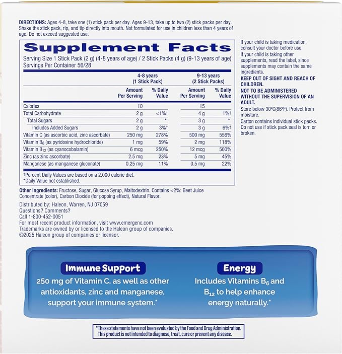 Emergen-C Kidz Crystals, On-the-Go Emergen-C Immune Support Supplement with Vitamin C, B Vitamins, Zinc and Manganese, Sparkly Strawberry, Stocking Stuffer - 56 Stick Packs