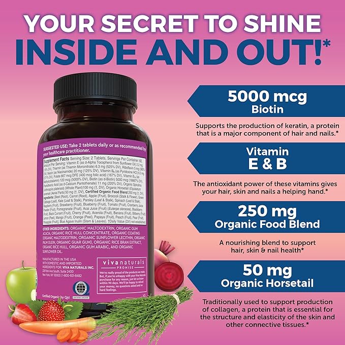 Biotin 5000 mcg Hair Skin Nails Vitamins for Women – Organic and Vegetarian-Friendly Supplement with Vitamin E, B-Vitamins, Spirulina, Horsetail and Superfood Blend to help Produce Keratin –120 Count