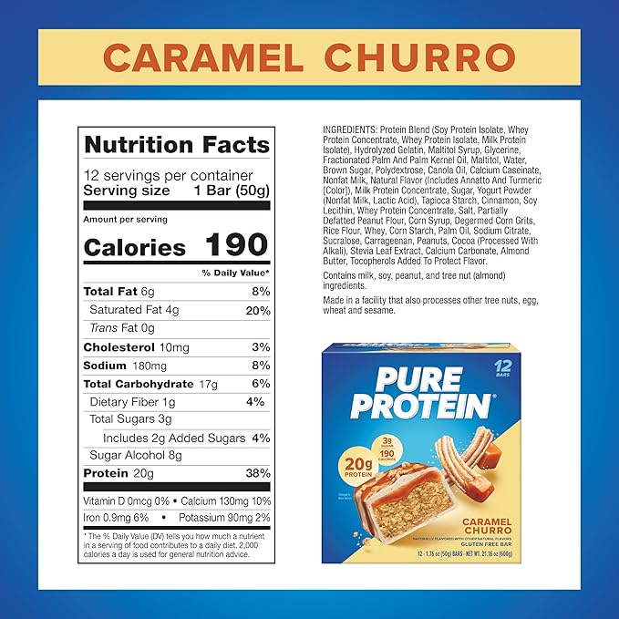 Pure Protein Caramel Churro Protein Bars – 20g Protein, 3g Sugar, 190 Calories (12 count) Low Sugar* High Protein Snack - Gluten Free - Perfect for a Healthy Snack