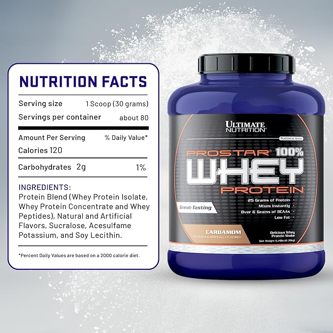 Ultimate Nutrition Prostar Whey Protein Powder Isolate, Cardamon - Low Carb, High Protein Powder Shake for Muscle Gain & Recovery - Low Sodium, Low-Fat & Keto Friendly - 5.28 lbs Tub