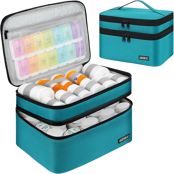 LEFOR·Z Medicine Storage Bag,Double Layers Pill Bottle Organizer Bag Empty with Lockable Zipper&Adjustable Divider,Medication Travel Carrying Bag for Pills,Vitamins,Medical Supplies,Teal Color
