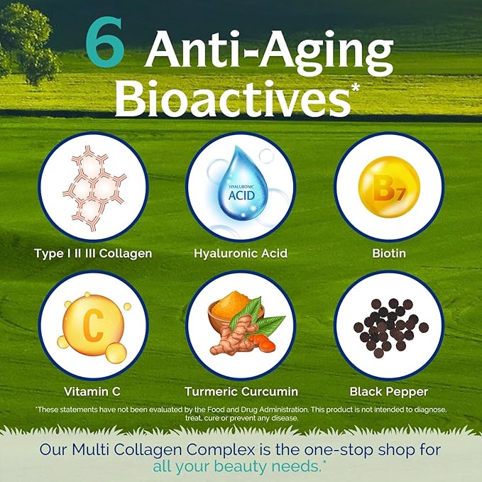 Innate Vitality Multi Collagen Peptides, Type I, II, III, Vitamin C, Biotin, Hyaluronic Acid & Turmeric, 2025mg Hydrolyzed Collagen for Women & Men, Skin, Hair & Nail Support, 60 Capsules