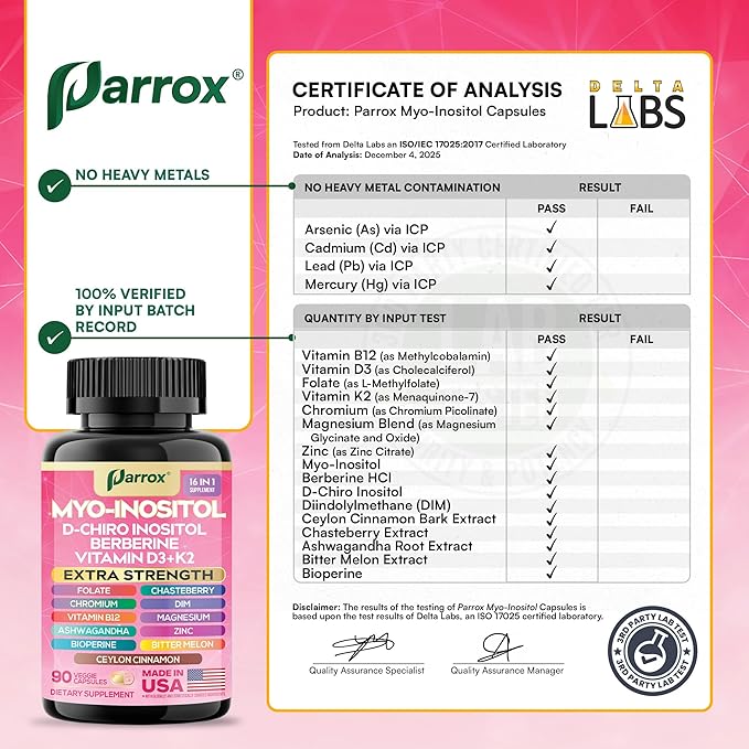 Myo Inositol Supplement, D-Chiro Inositol, Folate, DIM, Vitamin D3, B12, K2, Chromium, Bioperine, Ceylon Cinnamon, Zinc, Ashwagandha, Chasteberry, Magnesium, Berberine (90 Vegan Capsules)