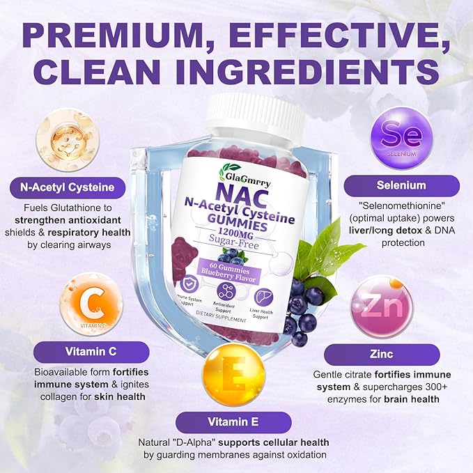 Sugar Free NAC Gummies for Kids & Adults, NAC Supplement N Acetyl Cysteine with Selenium Zinc Vitamin C & E, NAC 600mg Per Gummy, Support Liver Health, Antioxidant, Immune System, 60 Count