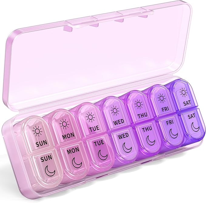Weekly Pill Organizer 7 Day AM PM - Travel Pill Box 2 Times a Day with One-Hand Easy-Open Lid, 14 Compartments Portable Medicine Case for Daily Vitamins, Fish Oil, Pills and Supplements