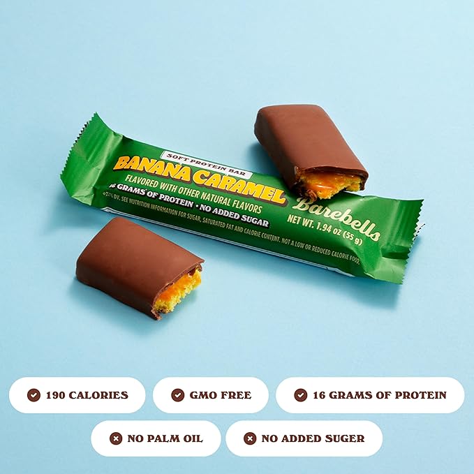 Barebells Soft Protein Bars Banana Caramel - 12 Bars (1 pack of 12) - Protein Snacks with 16g of High Protein - Fluffy Chocolate Treat with 2g of Total Sugars - Soft Protein Snack & Breakfast Bars