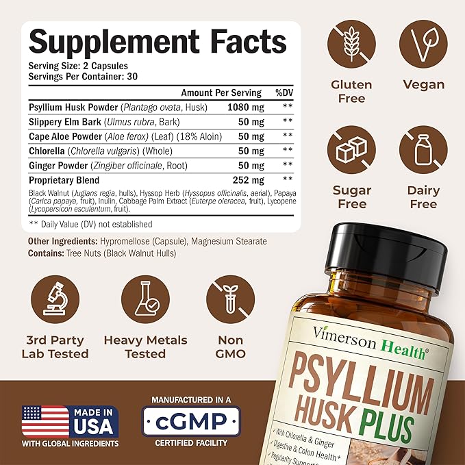 Fiber Supplement with 1080mg Psyllium Husk Powder, Slippery Elm for Women & Men, Ginger Root – High Fiber Pills for Regularity, Digestive & Gut Health – Gentle on Stomach 60 Psyllium Husk Capsules