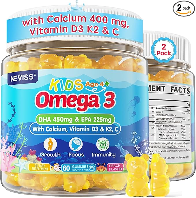Kids Omega 3 Gummies + Calcium 400mg + Vitamin D3 K2 + C, Omega-3 DHA & EPA Supplement - No Fish Burps, No Sugar - Kids & Teens Omḛga 3 + Multivitamin Gummy for Strong Bones, Brain, Immune, Eye, 2Pack