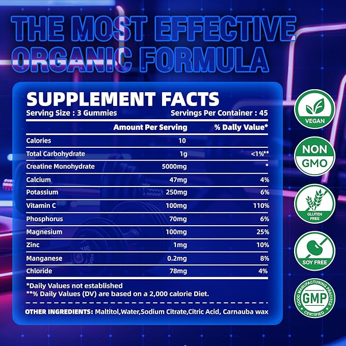 zipvit Creatine Monohydrate Gummies (5g) – Pre-Workout Energy & Muscle Growth Support for Men & Women | Blueberry Electrolyte Gummies (135 Count)