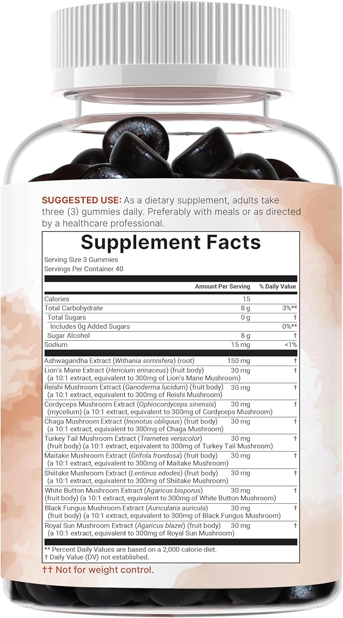 Micro Ingredients Mega Mushroom Gummies | 10-in-1 with Lions Mane, Turkey Tail, Reishi, Cordyceps, Chaga, Maitake, & Ashwagandha | Sugar-Free Raspberry Pomegranate Flavor | Non-GMO | 120 Count