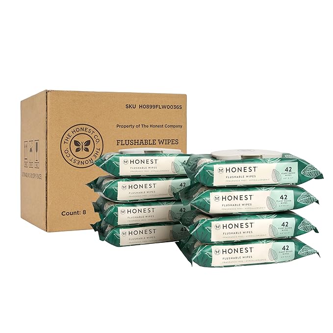 The Honest Company Flushable Wipes for Sensitive Skin, Hypoallergenic, Fragrance-Free, Tropical Leaves Design, 336 Count (4 Packs of 84)