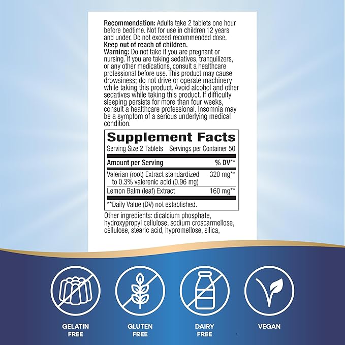 Nature's Way Valerian Nighttime Premium Blend, Herbal Sleep Support Supplements*, 320 mg of Valerian Extract per 2-tablet serving, Gluten-Free, 100 Tablets (Packaging May Vary)