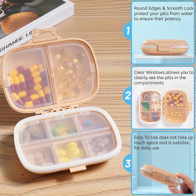 4 Pack Pill Organizer - Travel Pill Box with Label, 8 Compartment Daily Pill Case for Pocket Purse, Medicine Case, Waterproof Portable Pill Supplement Case, Travel Pill Container to Hold Vitamin