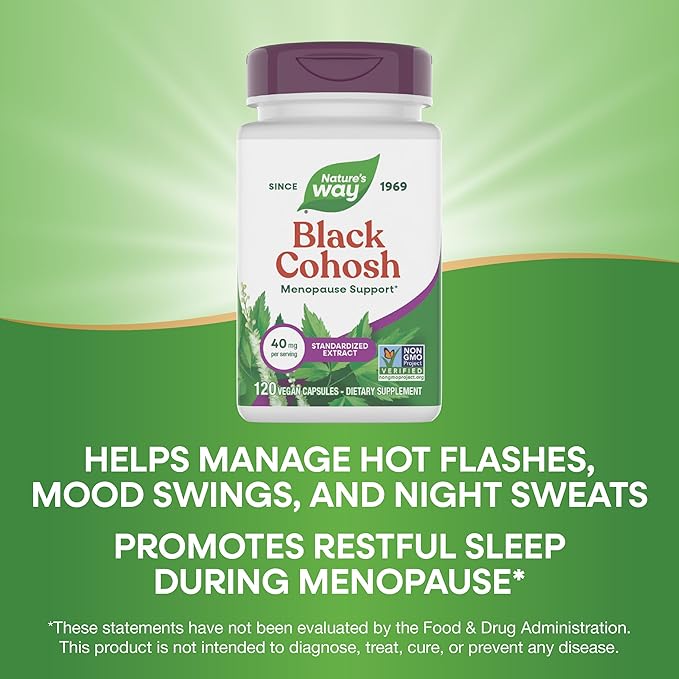Nature's Way Black Cohosh Premium Extract, Helps Reduce Night Sweats and Promotes Restful Sleep for Women During Menopause*, 40 mg per Serving, 120 Vegan Capsules (Packaging May Vary), (Pack of 2)