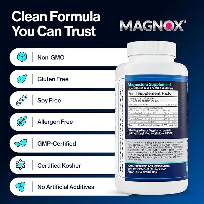 MAGNOX® Buster | Patented Clinically Tested 380mg Magnesium Supplement for Spasms & Leg Cramps at Night | One Capsule a Day for Almost Full Dosage | 3X More Absorption | Dead Sea Minerals (120 Caps)