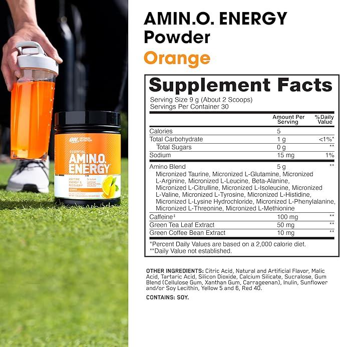 Optimum Nutrition Amino Energy - Pre Workout with Green Tea, BCAA, Amino Acids, Keto Friendly, Green Coffee Extract, Energy Powder - Orange, 9.5 Ounce, 30 Servings (Packaging May Vary)