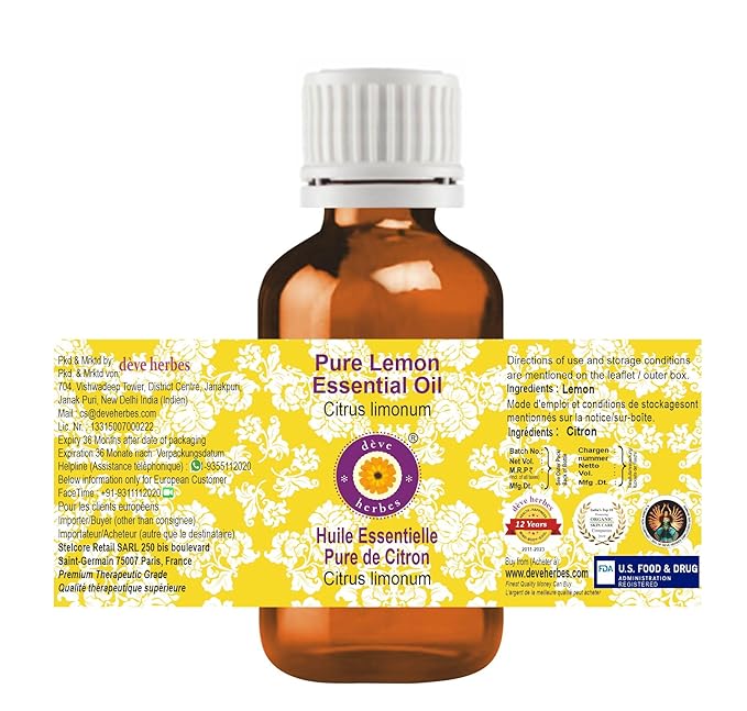 Deve Herbes Pure Lemon Essential Oil (Citrus limonum) Steam Distilled 100ml (3.38 oz)