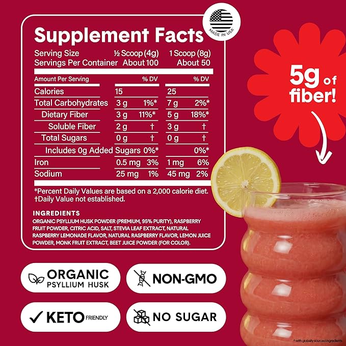 Bellway Super Fiber Powder + Fruit, Sugar Free Organic Psyllium Husk Powder Fiber Supplement for Regularity, Bloating Relief & Digestive Health, Plant-Based, Raspberry Lemon (50 Servings)