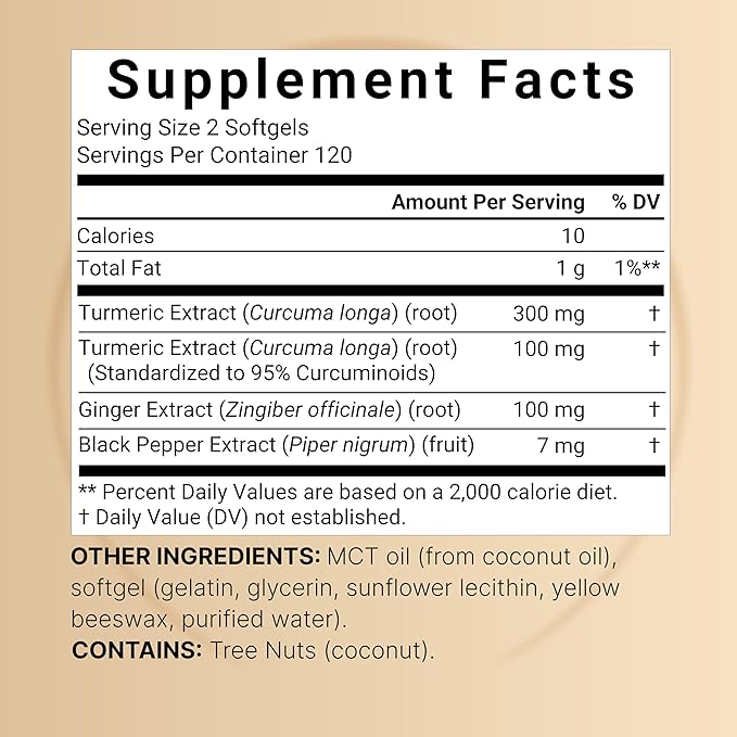 Turmeric Curcumin Supplement with Black Pepper & Ginger | 95% Curcuminoids | 240 Softgels with MCT Oil for Better Absorption (120 Day Supply)