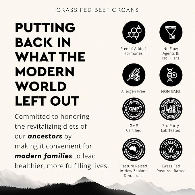 Ancestral Supplements Grass Fed Beef Organ Supplement, Supports Whole Body Wellness with Proprietary Blend of Liver, Heart, Kidney, Pancreas, Spleen, Freeze-Dried Beef, Non-GMO, 180 Capsules