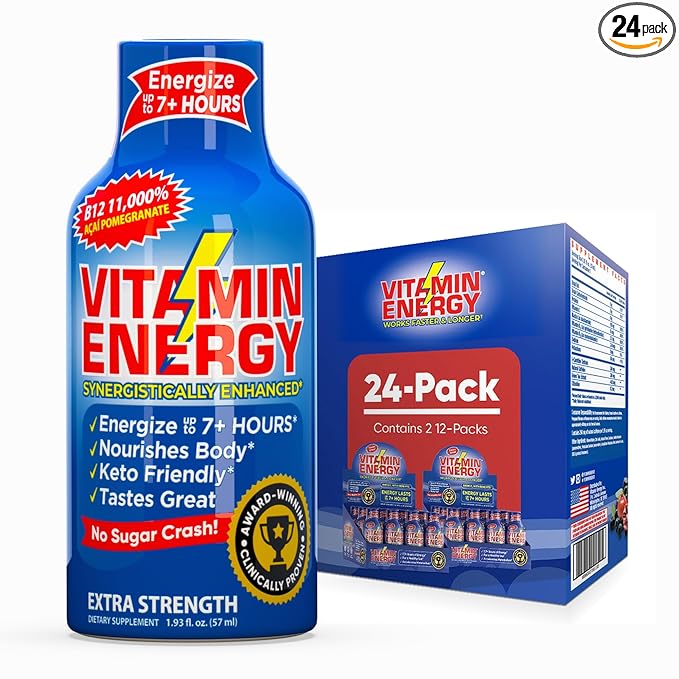 Vitamin Energy B12 11,000% Extra Strength Energy Shot Açaí Pomegranate 24 Pack, 260mg Natural Caffeine, B12 & B6, Nootropic Focus, Vitality, Zero Sugar, Gluten-Free, Vegan, Kosher, 1.93 fl oz