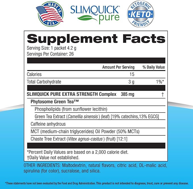 SlimQuick Pure 3X Extra Strength Drink Mix Packets, Metabolism and Weight Management for Women, Helps in Fat Breakdown, with Green Tea, Caffeine, Chaste Tree, Rhodiola - Blue Raspberry 26 Count