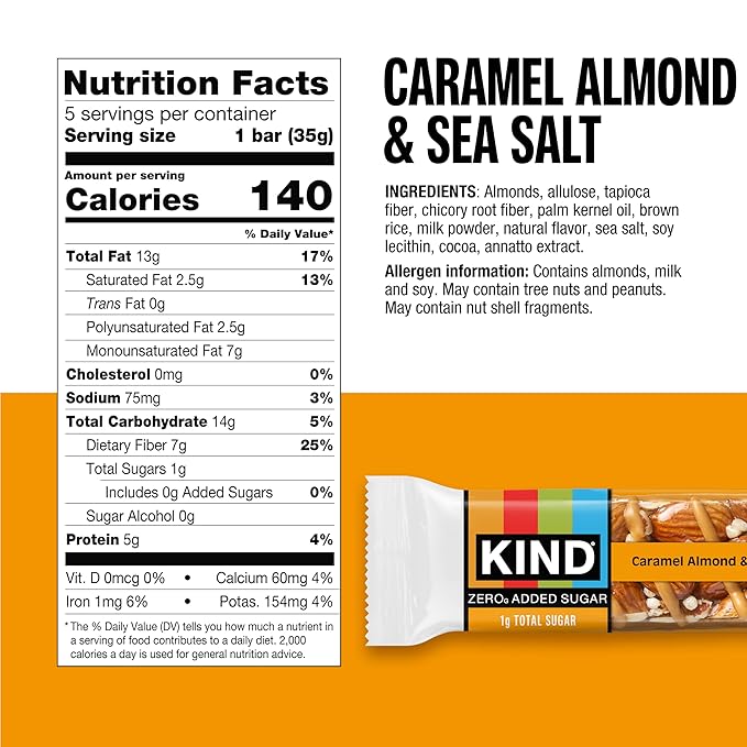 Kind Zero Added Sugar Healthy Snacks Bars, Caramel Almond & Sea Salt, Gluten Free, High Fiber, Keto Snacks, 5g Protein, 5 Count
