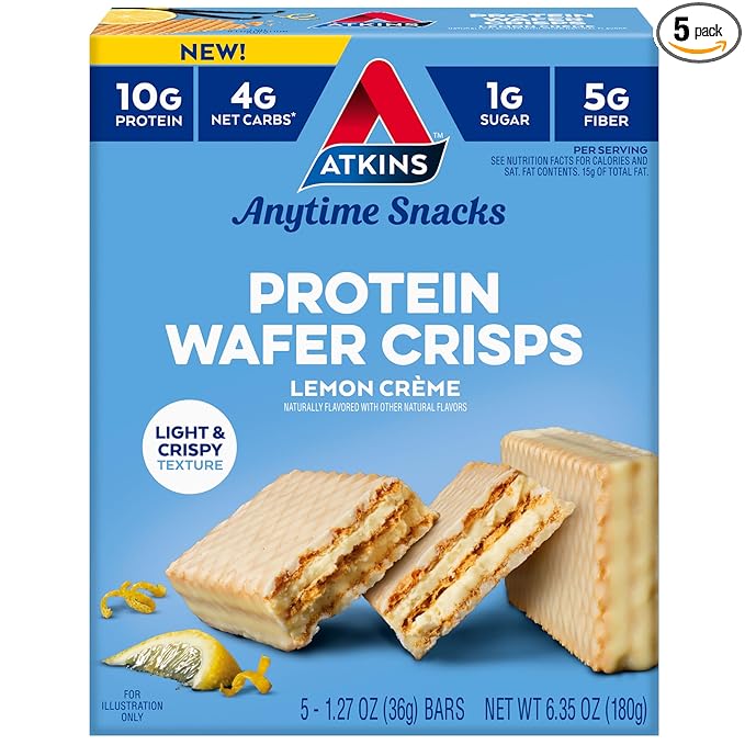 Atkins Lemon Wafer Crisps, Protein Snack, 10g Protein, 4g Net Carbs, 1g Sugar, 5g Fiber, 5 Count