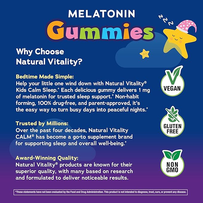 Natural Vitality Kids Calm Sleep Melatonin 1mg Gummies | Nighttime Cherry Flavor | 100% Drug Free | Non-GMO, Vegan & Gluten Free Supplement | 90 Count