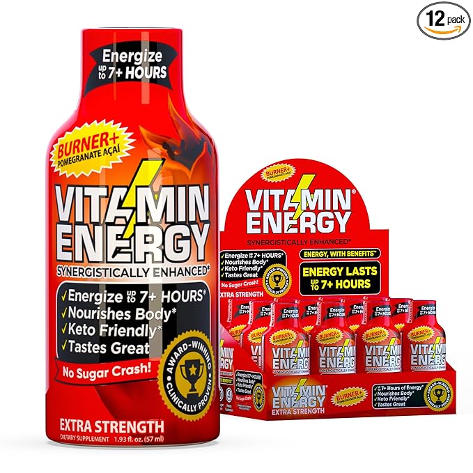 Vitamin Energy Burner+ Extra Strength Energy Shot Pomegranate Açaí 12 Pack, 260mg Natural Caffeine, 25mg Ketones, Green Tea, EGCG, Metabolism, Endurance, Zero Sugar, Gluten-Free, Vegan, 1.93 fl oz