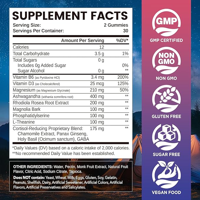 Cortisol Gummies, 12-in-1 Cortisol Reducer, with Magnesium Glycinate, Ashwagandha, L-Theanine, Phosphatidylserine, Vitamin B6 & D3, Rhodiola Rosea, for Men & Women, Sugar-Free, Vegan, NON-GMO, 60CT