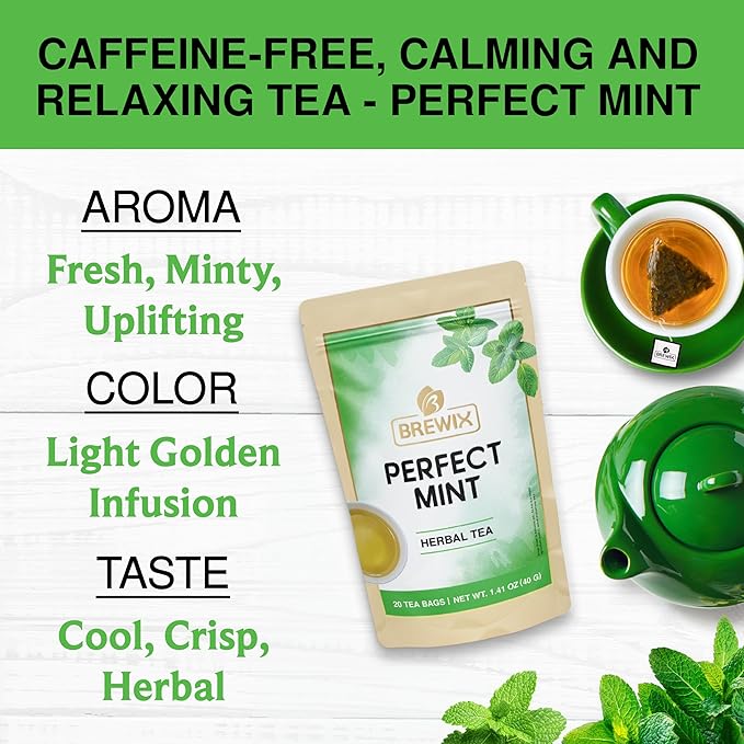 BREWIX, Perfect Mint Tea (20 Pyramid Tea Bags) | Soothing Mint Blend for Digestion Support & Daily Calm | Calming, Fresh and Cool | Caffeine Free Herbal Tea | No Sugar & No Caffeine | Spearmint and Peppermint