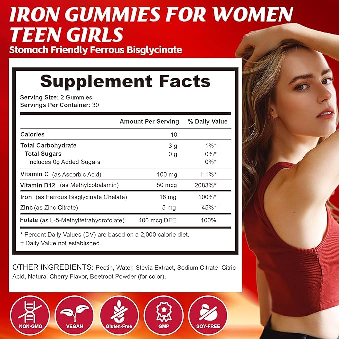 Iron Gummies for Teen Girls, Gentle Iron Bisglycinate with Vitamin C, Iron Supplement Plus Folate, Energy & Anemia Support, Chewable, Sugar Free, 60 Gummies