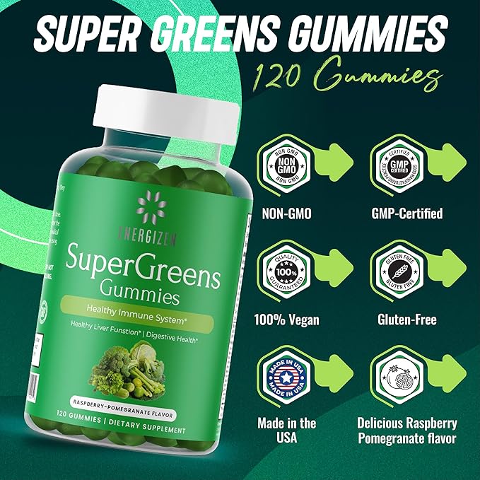Green Superfood Gummies Plus - Supports Healthy Liver, Digestive Health & Immune System - Vegan, Non-GMO, Gluten-Free - Raspberry & Pomegranate Flavor - 120 Count