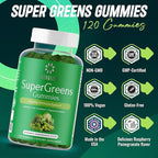 Green Superfood Gummies Plus - Supports Healthy Liver, Digestive Health & Immune System - Vegan, Non-GMO, Gluten-Free - Raspberry & Pomegranate Flavor - 120 Count