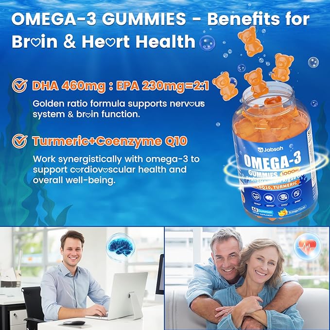 Vegan Omega-3 Gummies 1000mg from Algae Oil (DHA 460mg & EPA 230mg), Omega 3 Fish Oil Alternative for Adults, Plus Turmeric & CoQ10 for Brain, Eye & Immune Health, No Fishy Taste, Sugar Free, 60 Cts