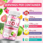 Iron Gummies for Women Men Vitamin Supplement 65mg & Vitamin C 250mg Per Serving with B6 B12 Folate- Energy Support for Iron Deficiency, Anemia, Vegan Guava Hibiscus Flavor, 120 Count