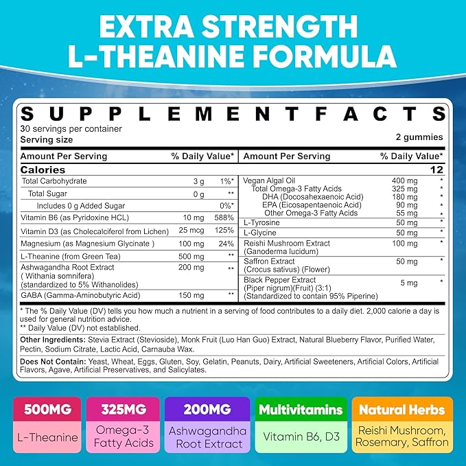 Liposomal L-Theanine Gummies 500mg, Melatonin-Free Calm & Relaxation Gummies with Magnesium Glycinate, 5-HTP, Mushroom, Vitamins D3, B12, Ashwagandha, for Brain Calm, Relax, Mood, Zzz, Vegan 60 Cts