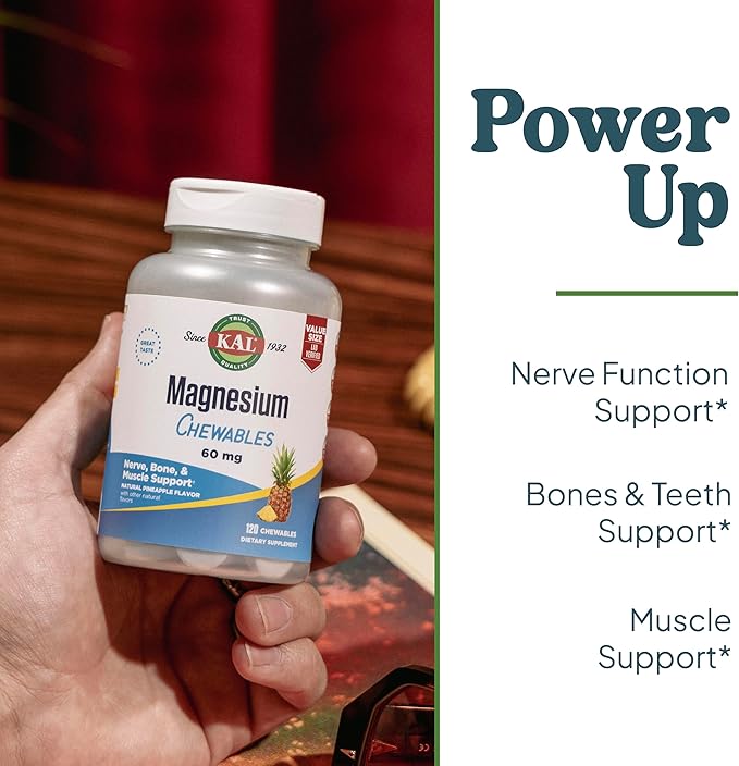 KAL Magnesium Chewables - Magnesium Citrate for Nerve, Muscle, and Bone Support - No Added Sugar, Vegan Magnesium Supplement - 60-Day Guarantee - Pineapple Flavor - 120 Servings, 120 Chewable Tablets