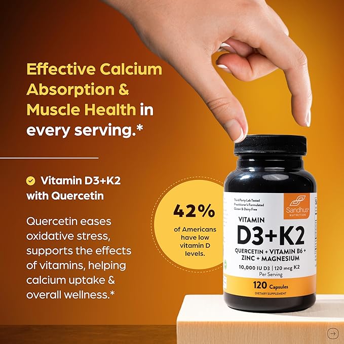 Sandhu's Vitamin D3 K2 Magnesium 10000 IU, 120mcg K2 Capsules 120 Count (Pack of 2) | with VIT B6, Zinc & Quercetin | D3K2 Supports Superior Absorption, Energy, Immune, Muscle Health for Men & Women